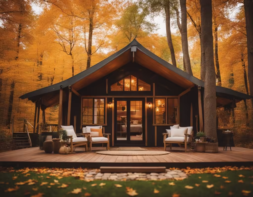 spacious cozy glamping cabin surrounded by fall foliage
