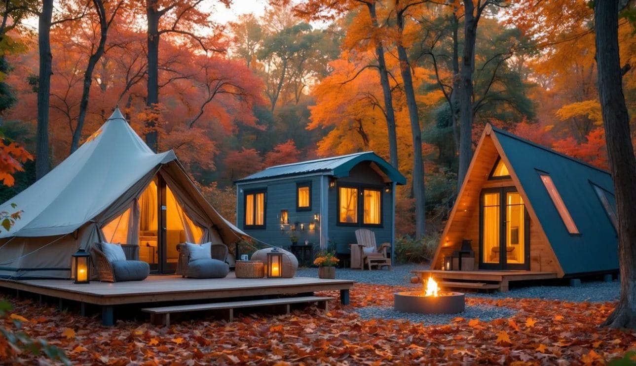 A variety of glamping accommodations including a safari tent, wooden cabin, and A-frame house surrounded by colorful autumn trees and fallen leaves.