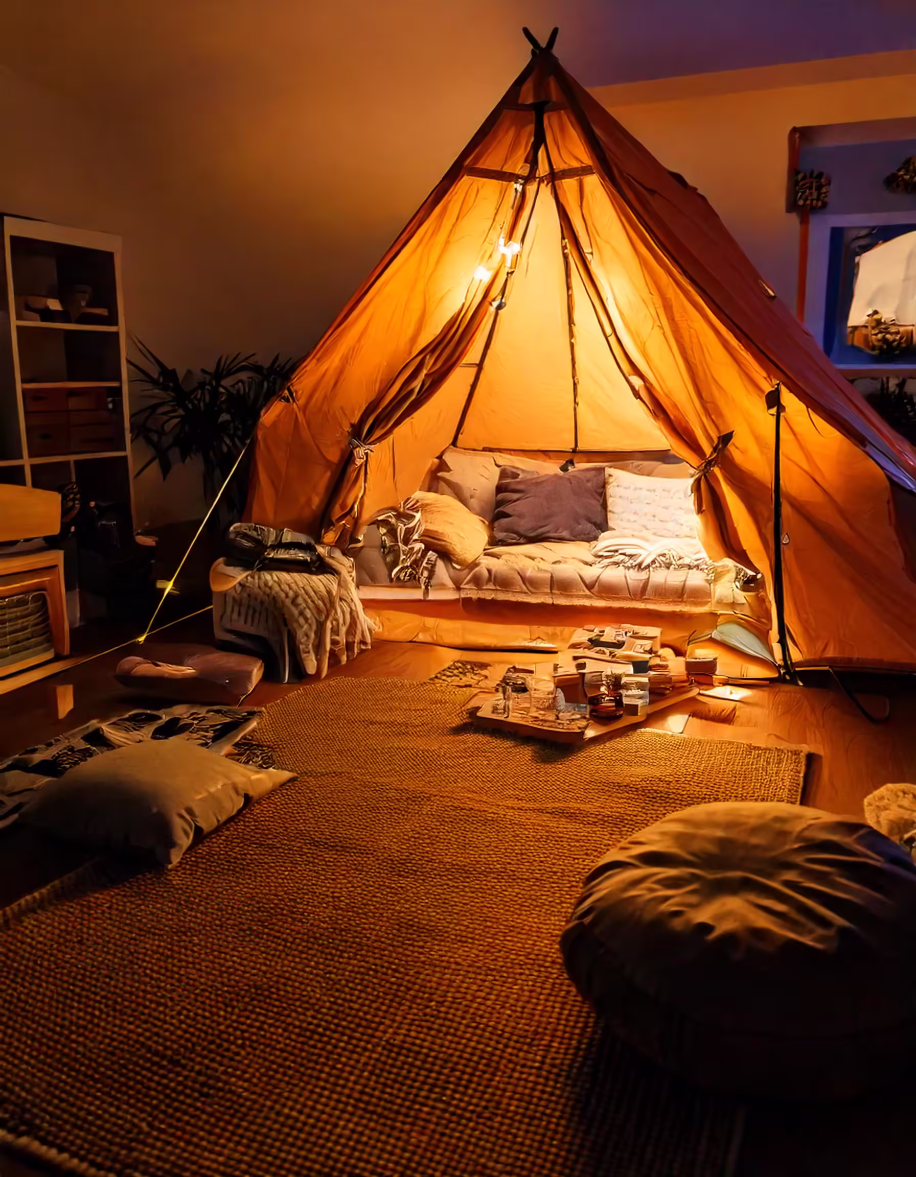 Living room camping setup with a tent, plush pillows, ambient light and a charcuterie board.