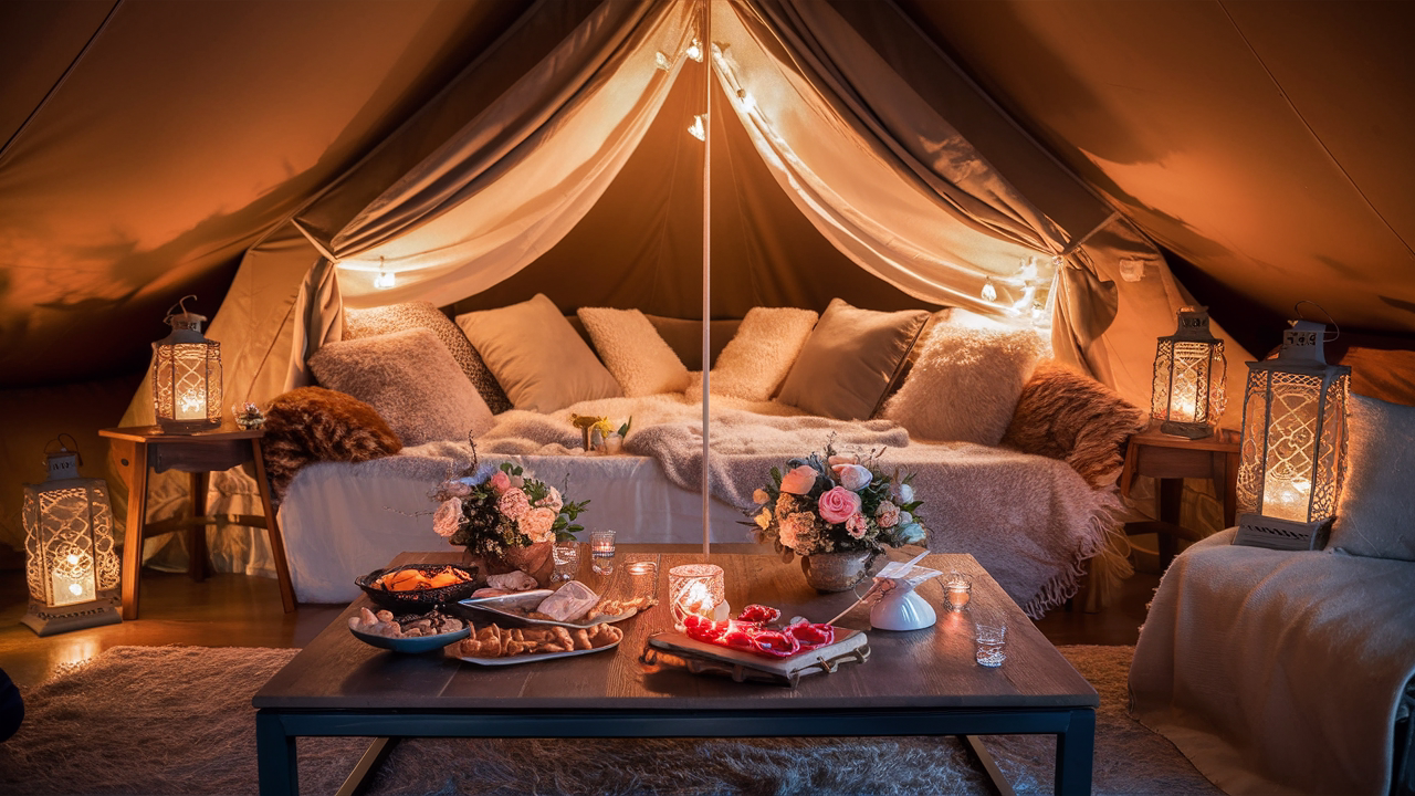 Indoor romantic camping scene. There is a tent in the living room with plush pillows, ambient light and food on the coffee table.