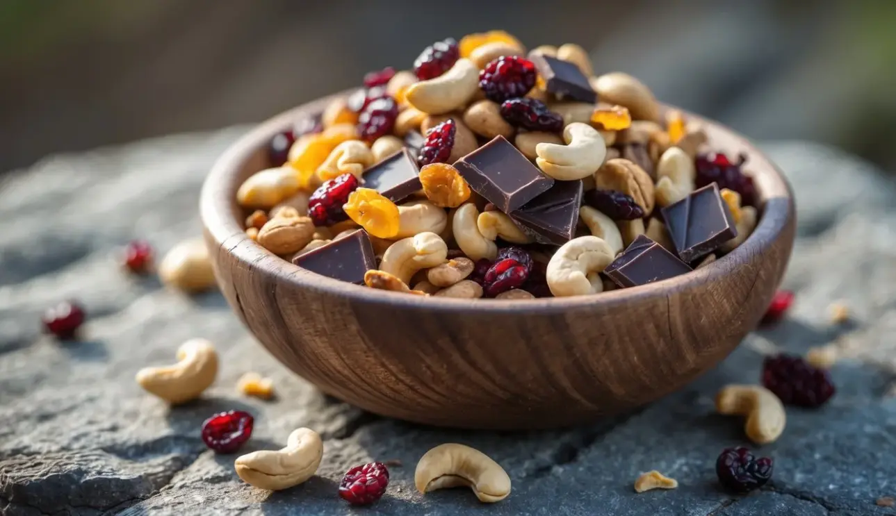 A wooden bowl filled with trail mix containing cashews, dried cranberries, and dark chocolate on a natural surface.