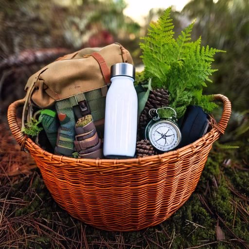 A cozy, well-organized gift basket for hikers, featuring a custom-designed water bottle.