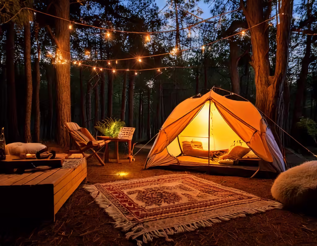 Cozy glamping tent in the woods lit by string lights at twilight, creating a magical outdoor ambience.