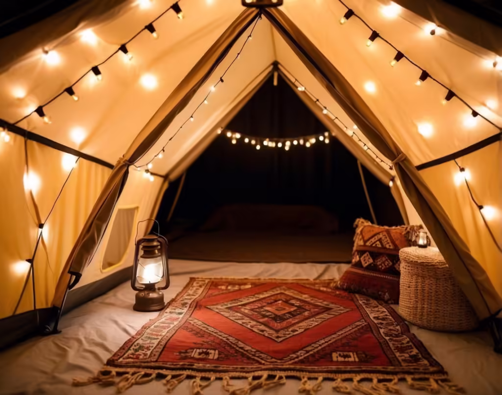 Glamping tent interior with colorful boho rug, lantern and string lights.