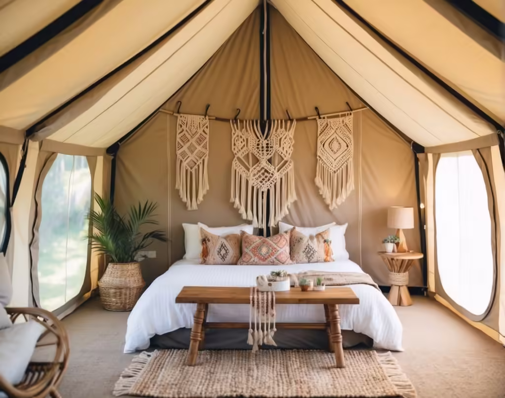 The image focuses on the cozy and inviting interior of a boho-chic glamping tent, showcasing macrame wall hangings.