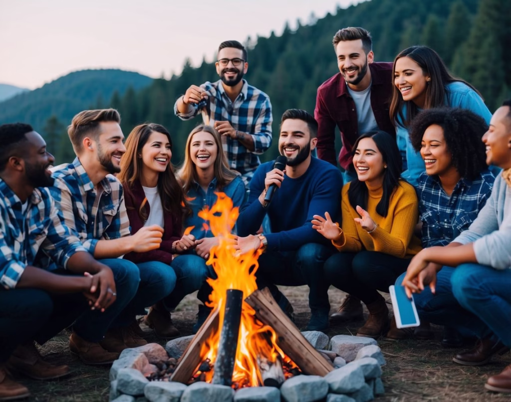 Group of friends sitting around a campfire sinking karaoke.