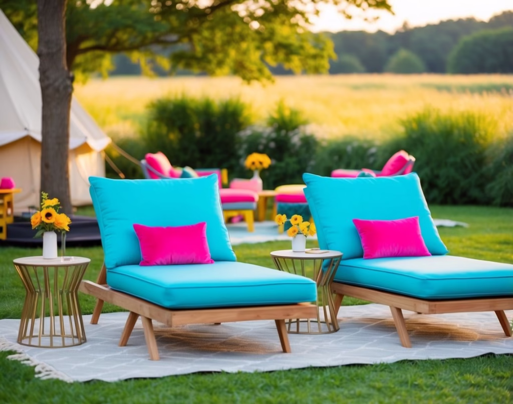 Chic chairs with blue cushions and pink pillows on a rug at a backyard glamping birthday party.