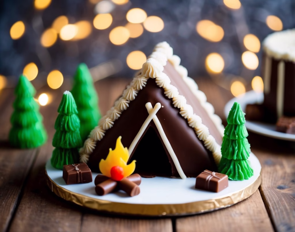 Glamping cake with a chocolate tent, candy trees, and campfire.