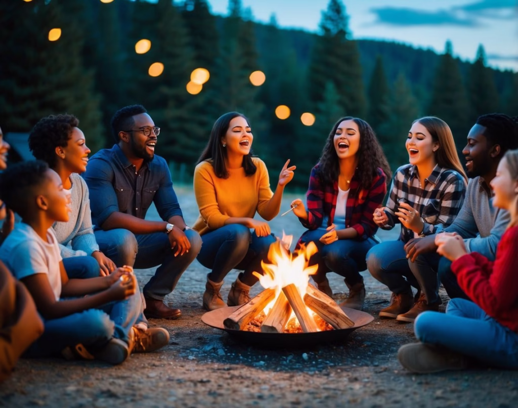 Group of multi racial friends and children sitting around a campfire singing songs.