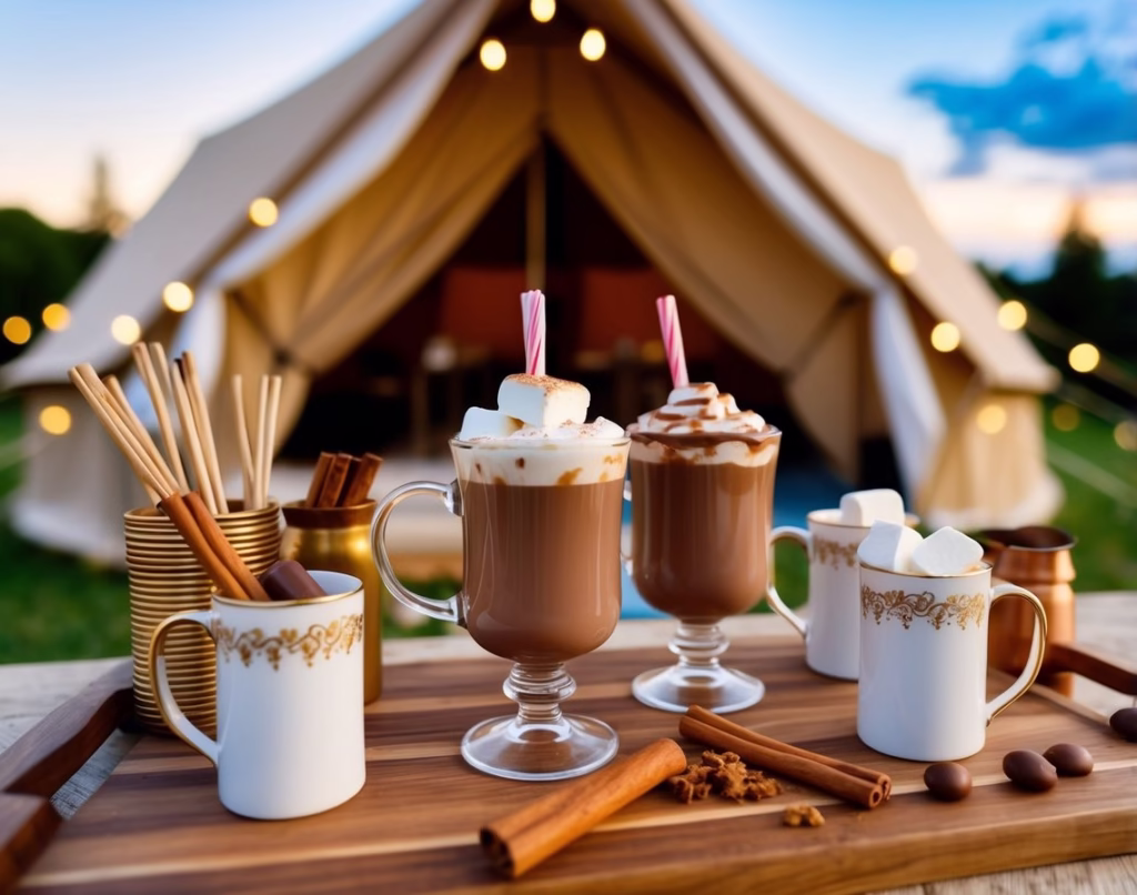 Gourmet hot cocoa station with glass mugs, cinnamon sticks, marshmallows and peppermint sticks.