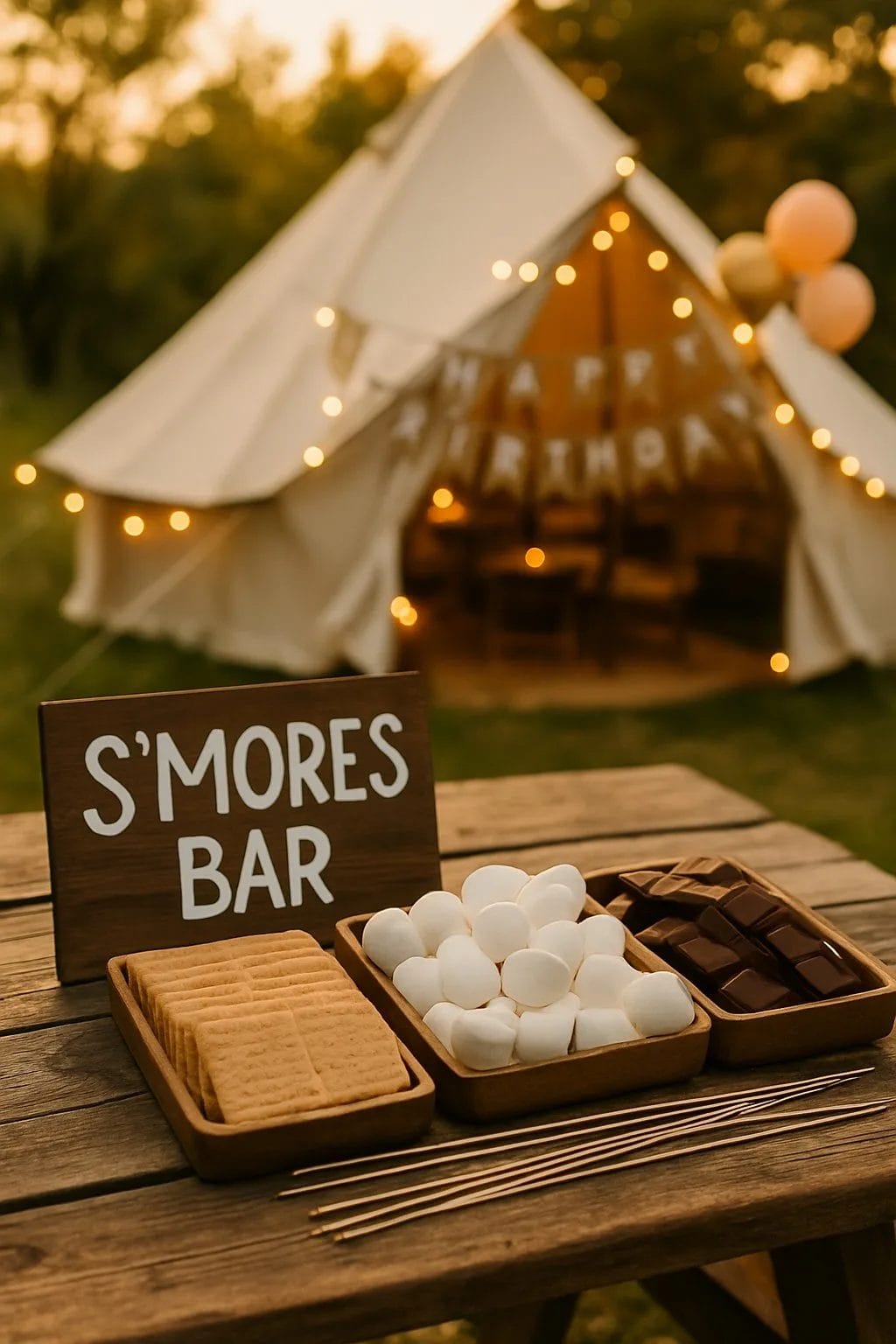 Smores bar with a glamping tent in the background.