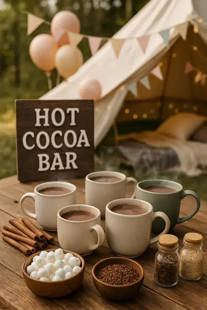 Hot Cocoa Bar with cups, cinnamon sticks, hot chocolate, and marshmallows for a glamping birthday party.