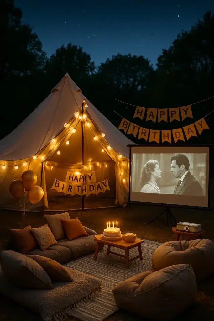 Glamping birthday party movie night setup with seating and a movie screen.