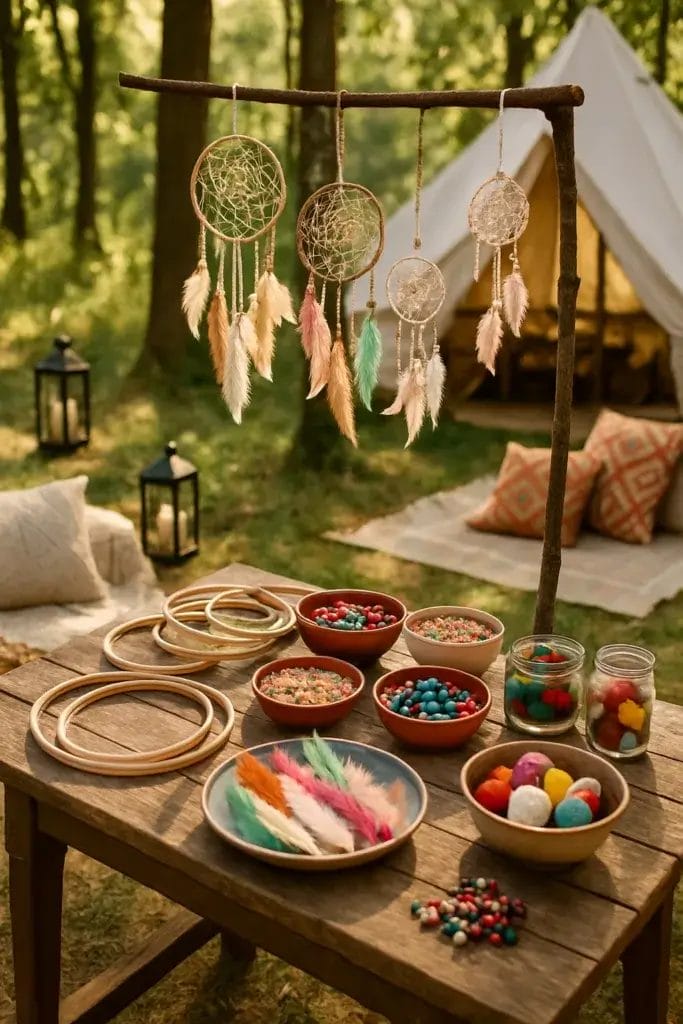 DIY dreamcatcher station at a glamping birthday party.
