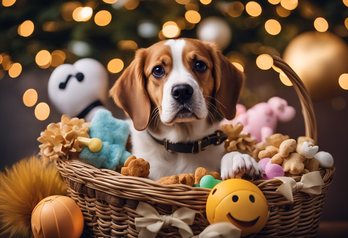 A variety of dog-themed gifts displayed in a basket, including toys, treats, and accessories. Signs promoting exclusive deals and offers are placed around the basket