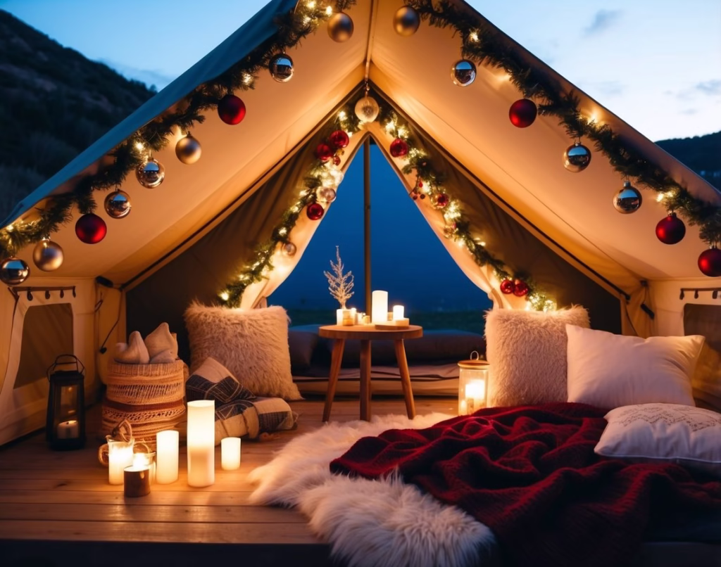 Cozy glamping tent decorated for christmas with candles, festive blankets and pillows.