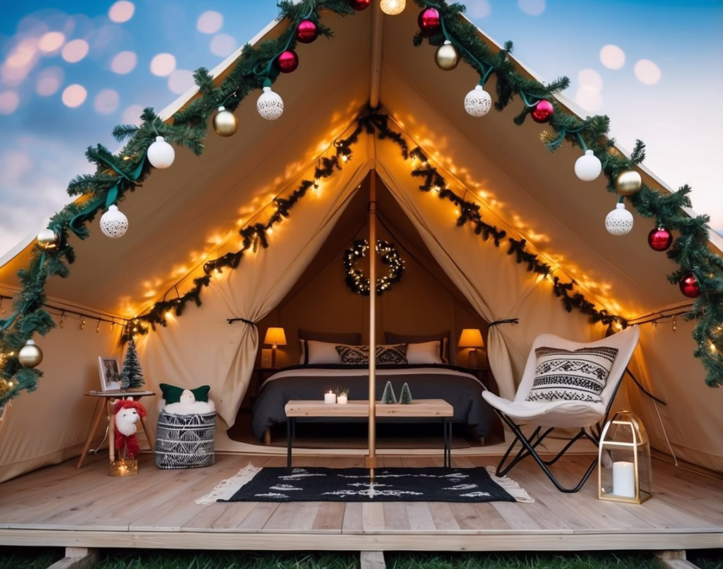 Festive glamping tent with fairy lights, a wreath and Christmas colors.