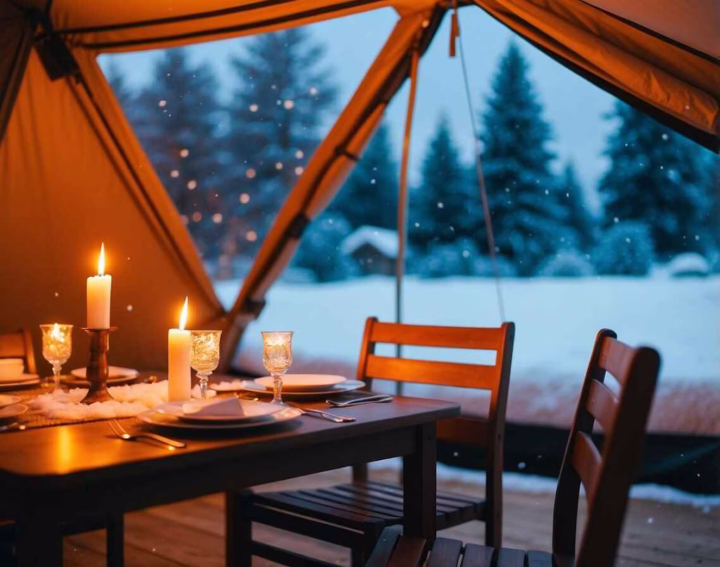 Candlelit dinner in a glampoing tent in the snow set for two.