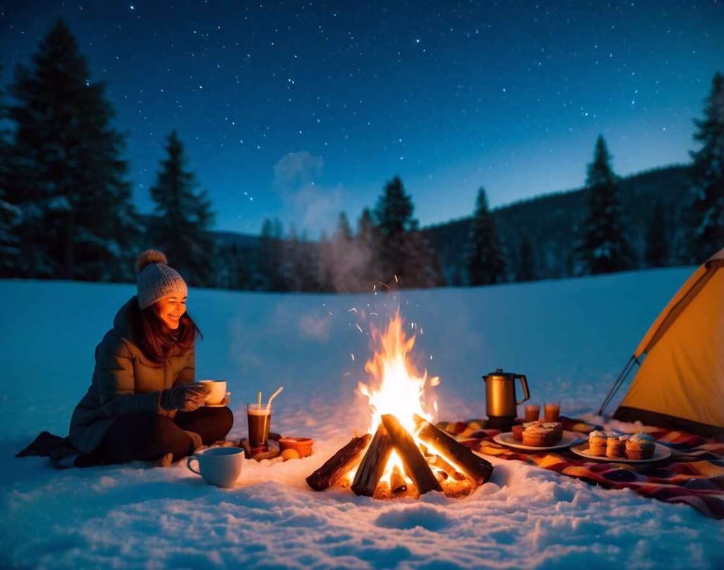 Woman sitting in the snow with hot cocoa next to a campfire. There is a tent with a picnic spread to the right.