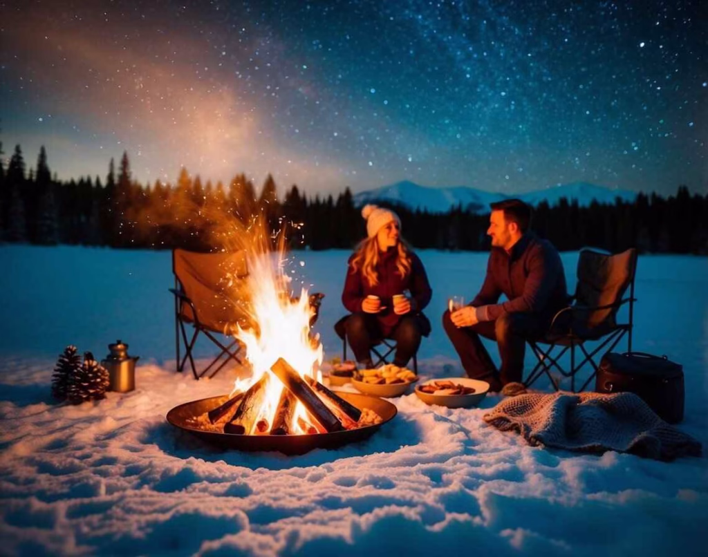 Man and woman sitting next to a campfire in chairs in the snow