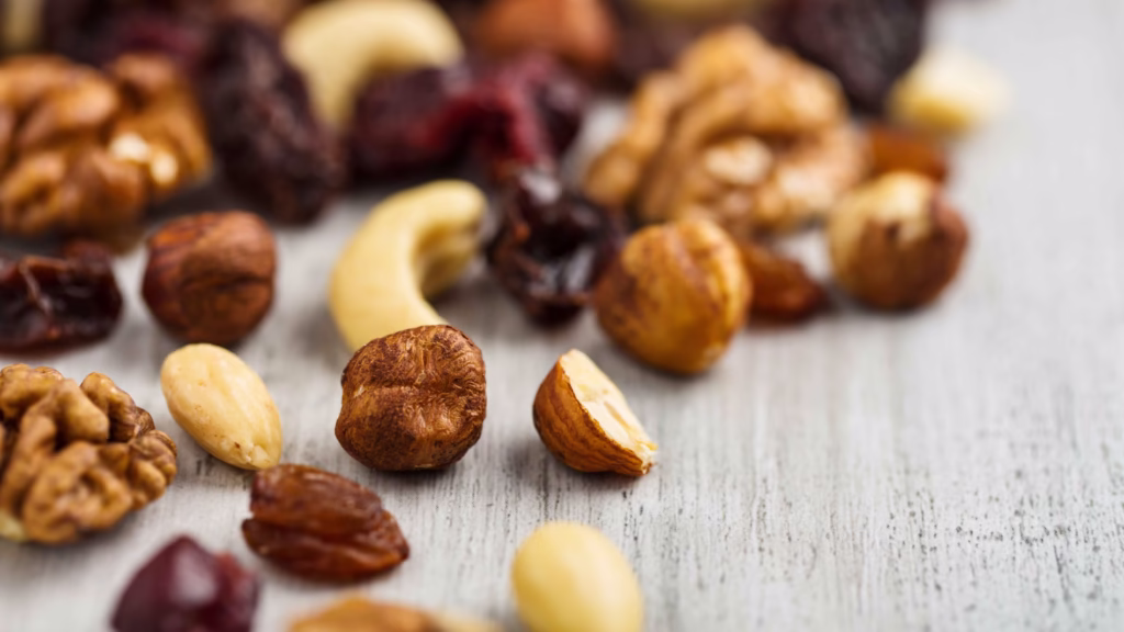 DIY trail mix with various nuts and dried fruits.