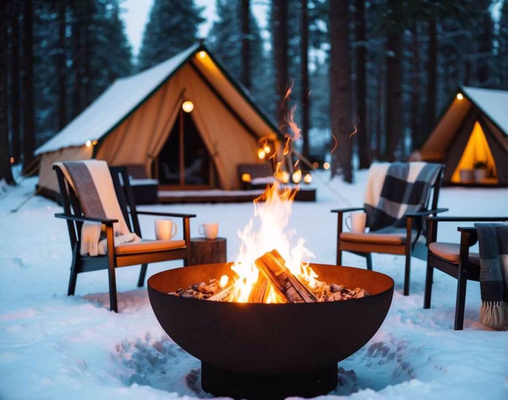Firepit surrounded by chairs with blankets, mugs of hot cocoa and glamping tents in the background.