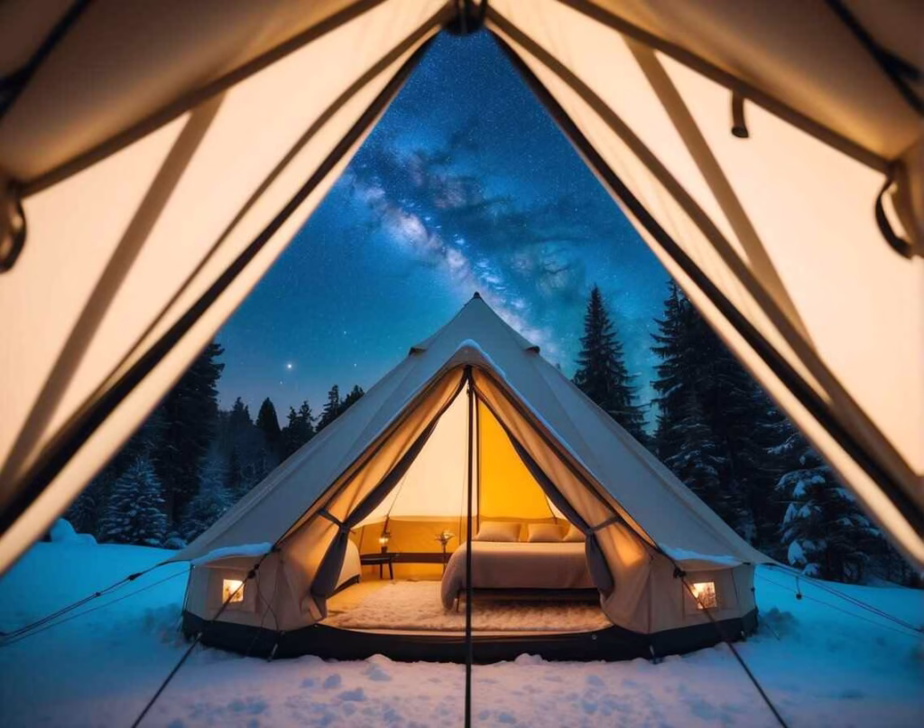 Cozy glamping tent with a bed, rug and warm heated blanket on a snowy night.