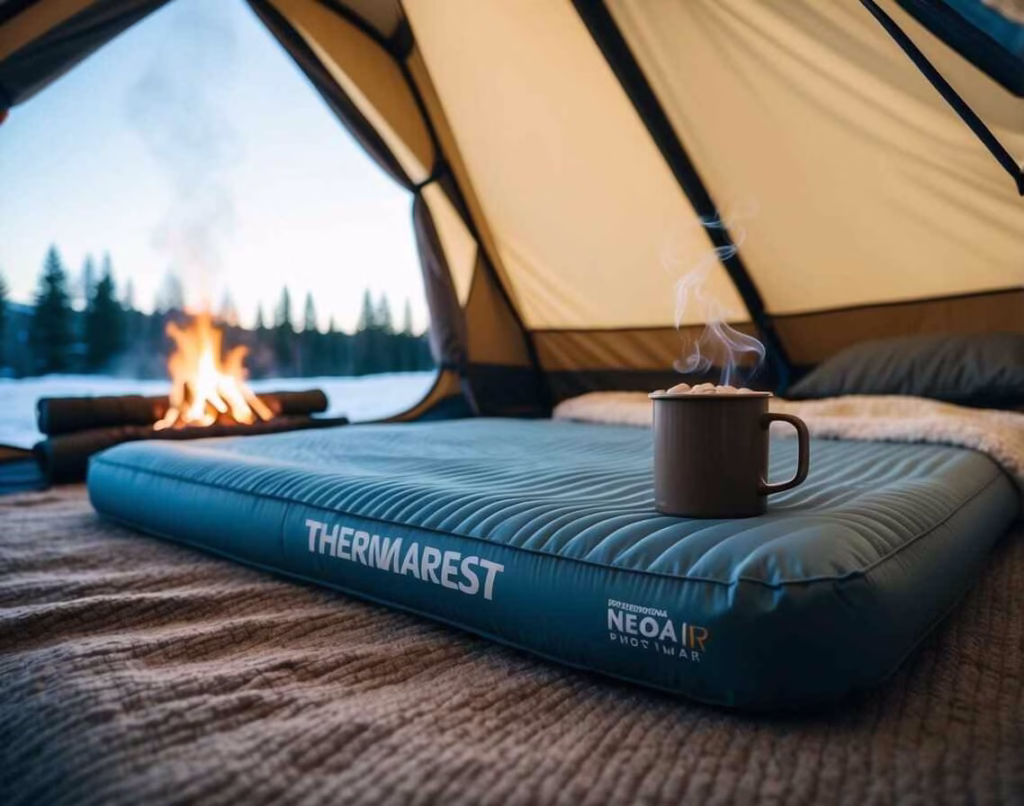 Sleeping pad sitting on a rug in a glamping tent with a cup of hot cocoa and a campfire outside.