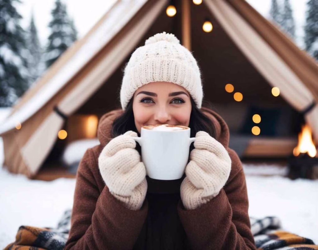Smiling woman wearing cozy mittens and holding a cup of hot cocoa outside of a glamping tent.