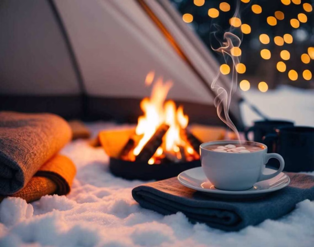 Cozy glamping scene with a campfire, hot cocoa and blankets.