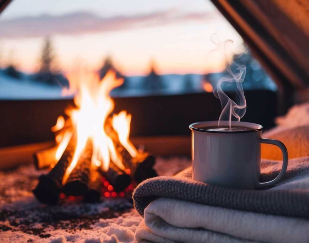 Cozy glamping scene with a campfire and cup of hot tea sitting on blankets.