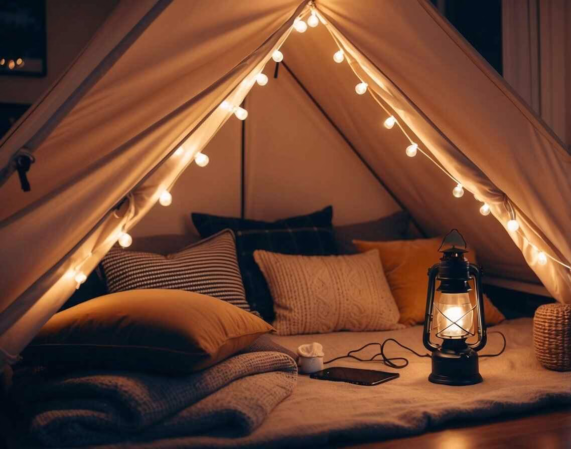 Tent set up in the living room with fairy lights, plush pilows, blankets and a lantern.