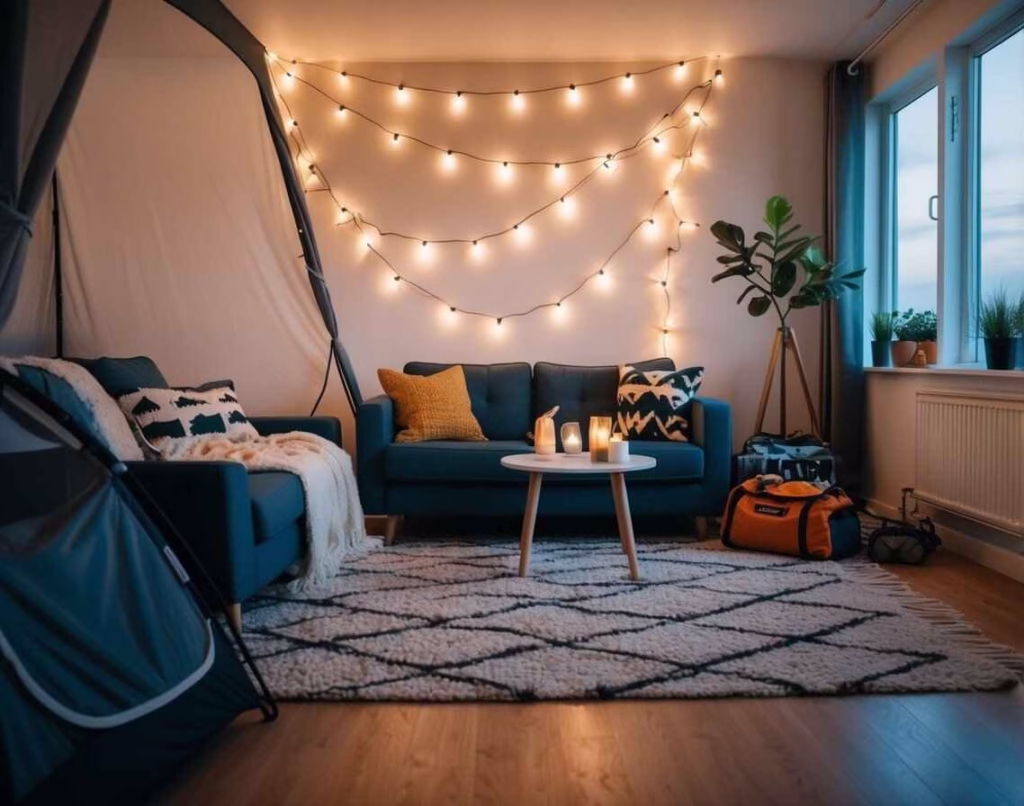 Tent setup in living room with string lights and LED candles.