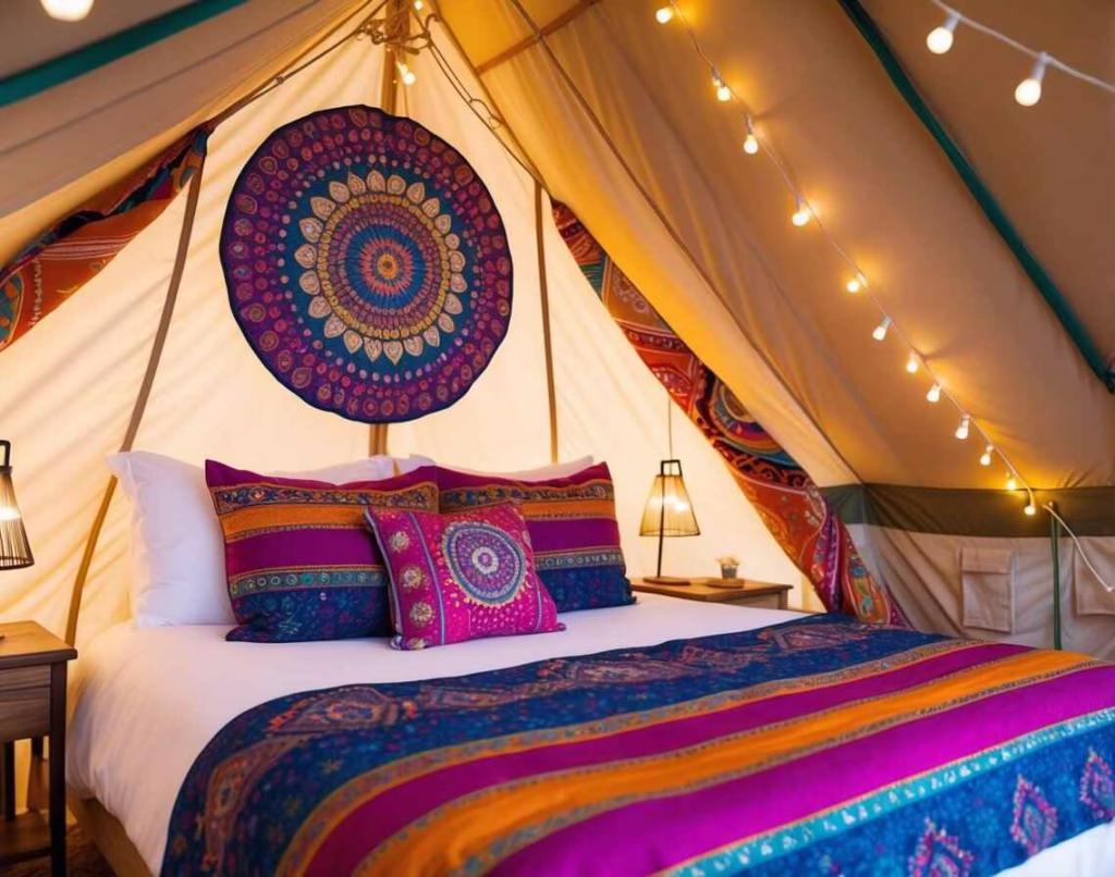 Camping glamping tent with colorful textiles, mandala tapestry and fairy lights.