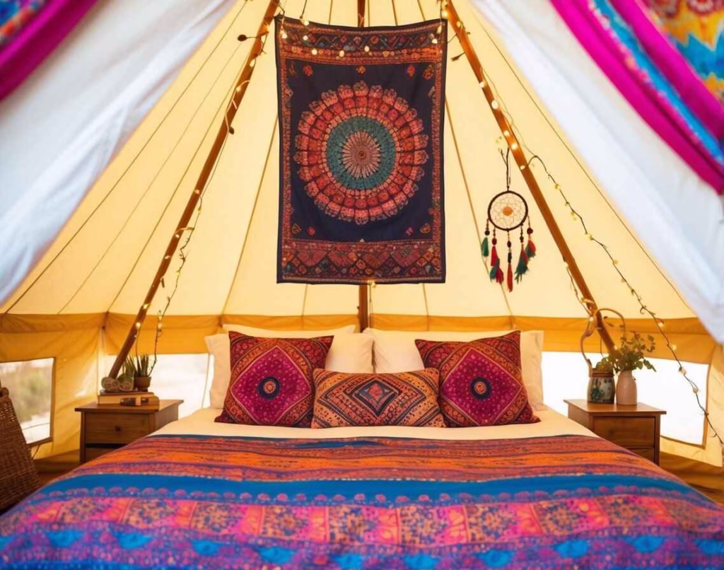 Camping glamping tent with colorful textiles, mandala tapestry and dream catcher.