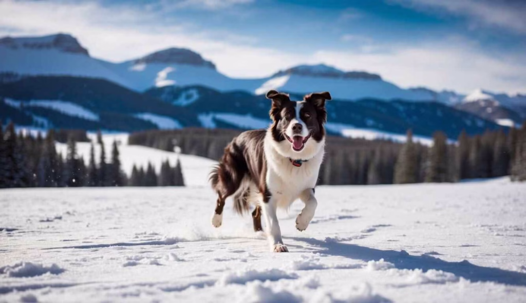 A happy Border Collie playing fetch amidst a stunning, snow-covered landscape dotted with evergreen trees, with the iconic Aspen Snowmass ski resort in the background.
