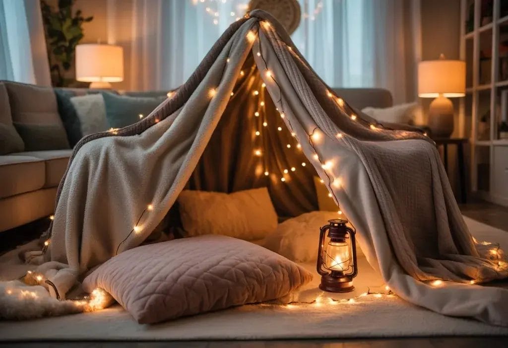 Epic blanket fort setup in the living room using chairs and blankets. Add fairy lights, plush pillows and a lantern to the scene to create a cozy, fun, at home camping experience.