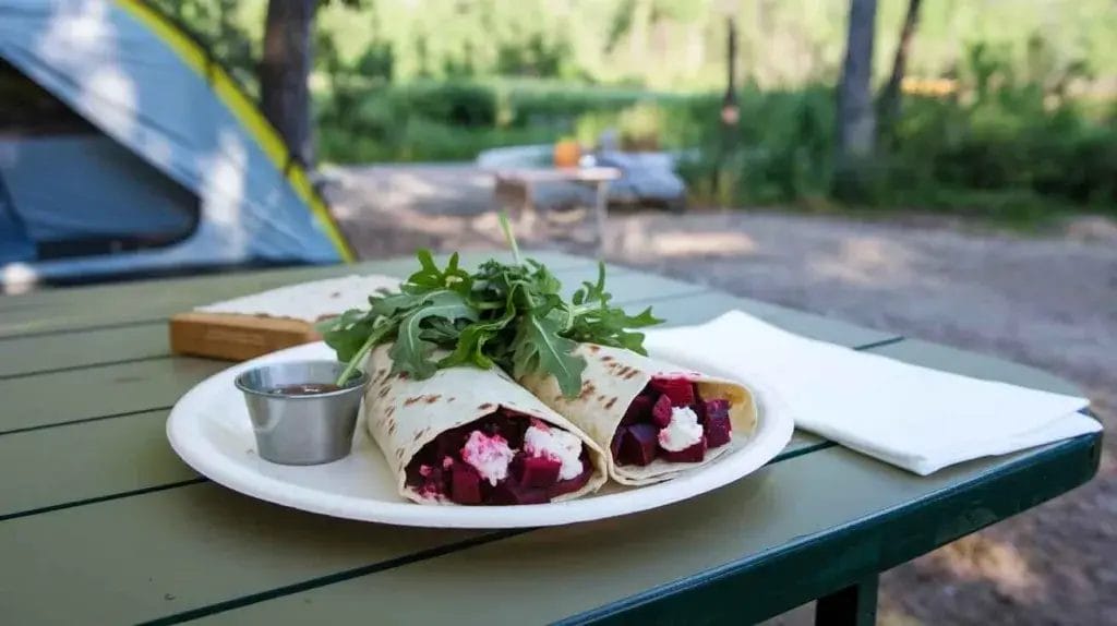 Beet and goat cheese wrapped in a tortilla on a white plate on a picnic table at camp.