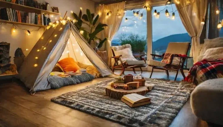 Romantic indoor camping scene with tent, books and boardgames on the floor.
