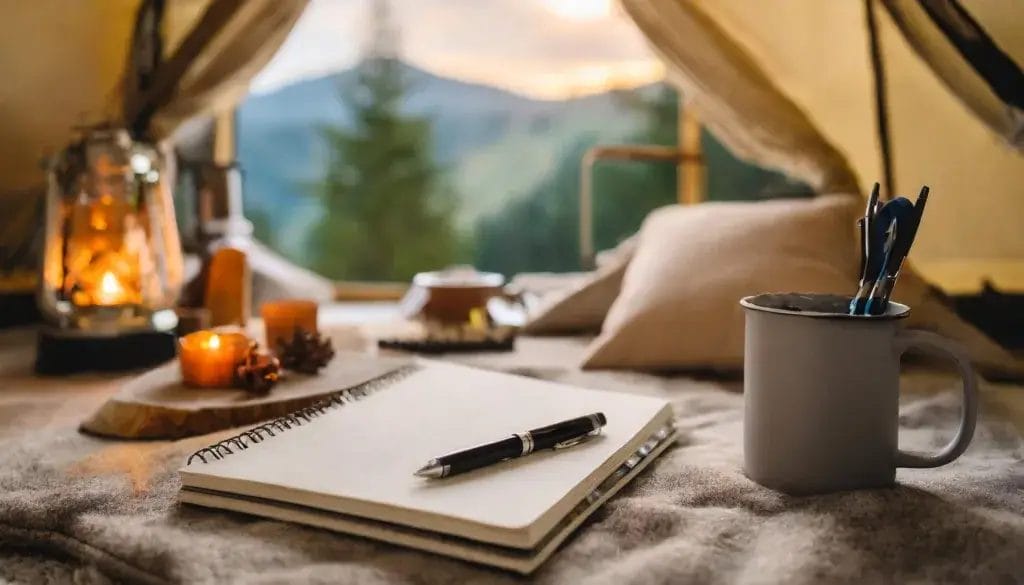 Romantic indoor camping scene with a notepad and pen for writing a romantic bucket list.
