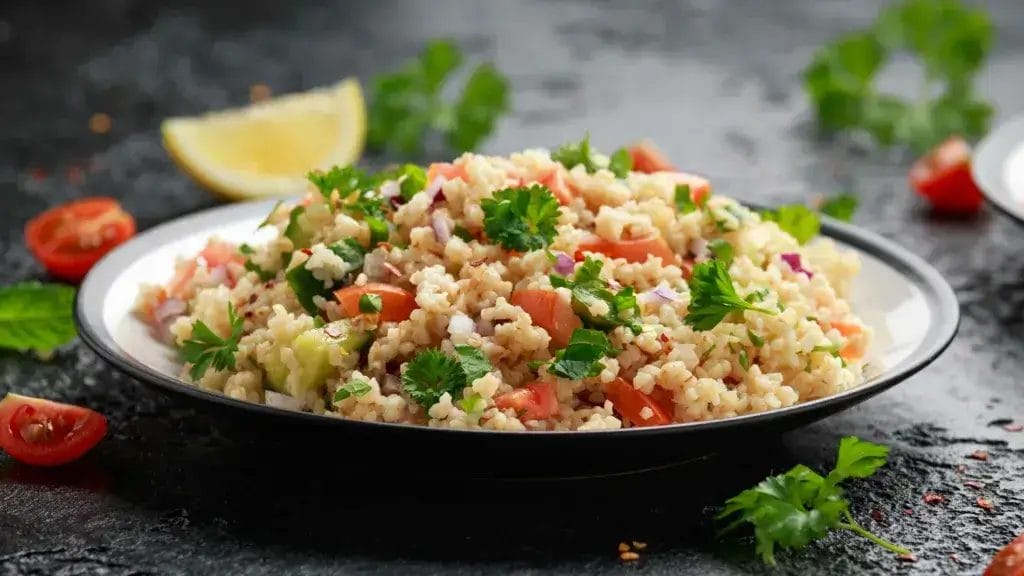 Mediterranian couscous salad in a bowl.