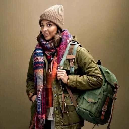 Ethnic Woman wearing cute trendy camping outfits including stylish parka or puffer jacket, stylish waterproof boots, colorful beanie, patterned scarves. Include a leather-strapped watch and a rustic backpack.