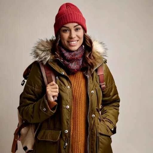 Ethnic Woman wearing cute trendy camping outfits including stylish parka or puffer jacket, stylish waterproof boots, colorful beanie, patterned scarves. Include a leather-strapped watch and a rustic backpack.