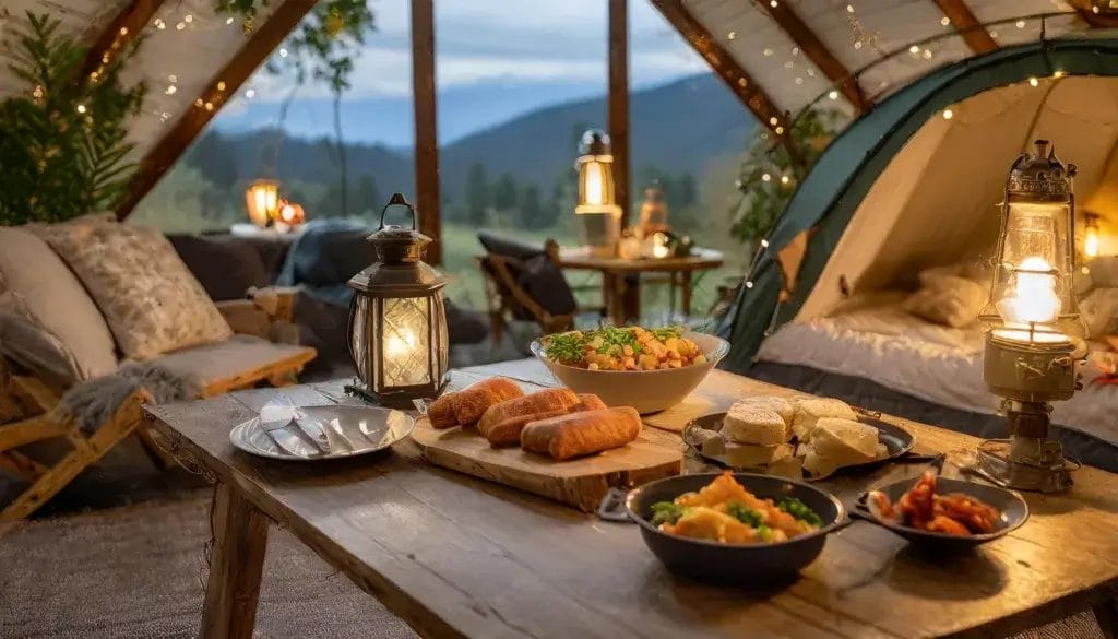 Romantic indoor camping scene with a spread of food on the table.
