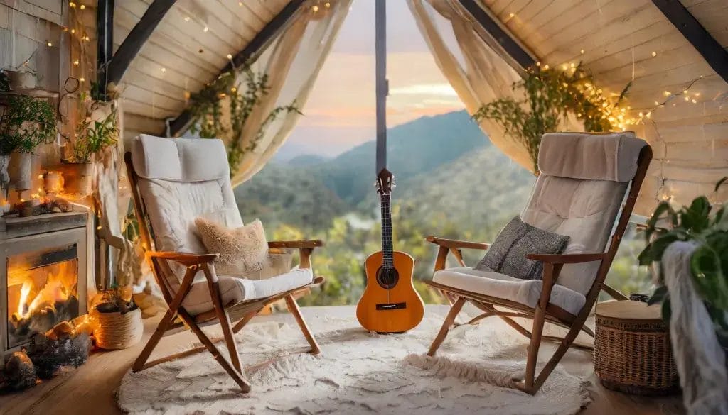Cozy living room with a fireplace, two chairs and a guitar.