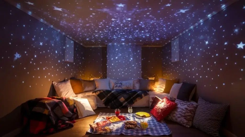 Romantic indoor camping scene with stars projecting on the ceiling.
