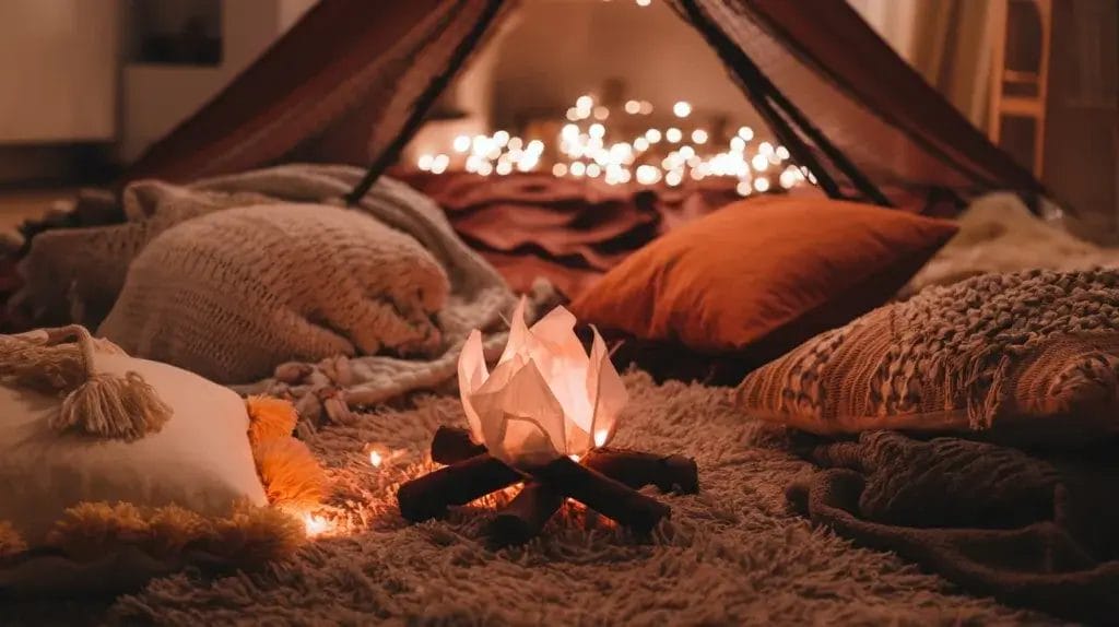 Romantic indoor camping scene with a faux fire, pillows and soft lighting.