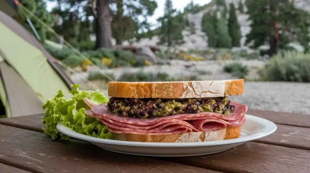Salami and olive tapenade sandwich sitting on a picnic table at camp.
