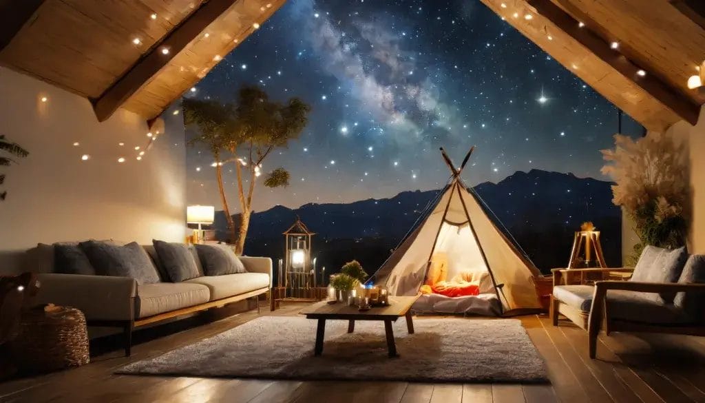 Living room indoor camping scene with a tent set up and a project showing a starry galaxy on the wall.