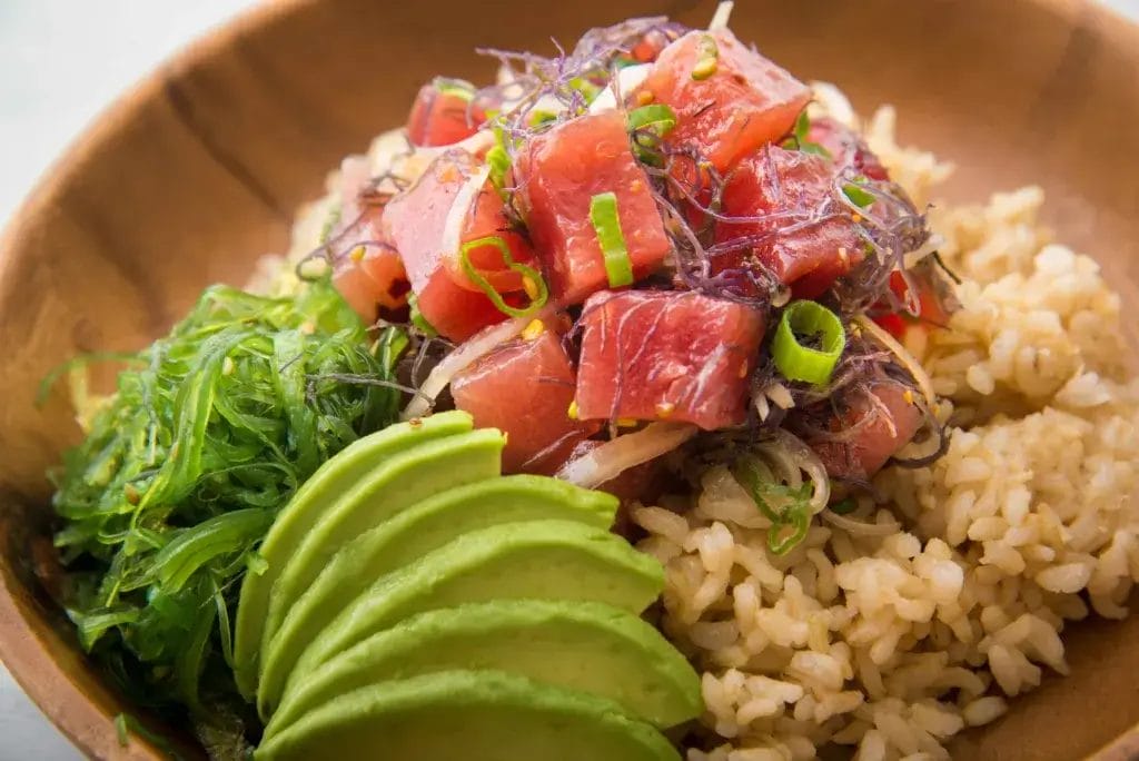 Sushi bowl on brown rice.
